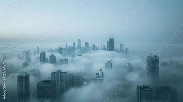 Fototapeta Skyscraper rooftop over the clouds at sunrise. Thick fog covers the Riga city, and warm sunlight over the clouds and church tower. AI generated illustration