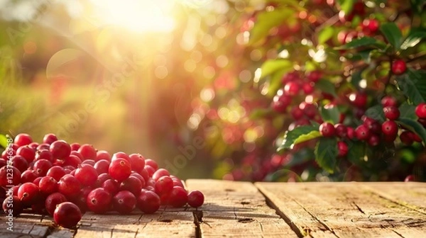 Fototapeta Elegant Podium with Cranberries Under the Afternoon Sun. AI generated illustration
