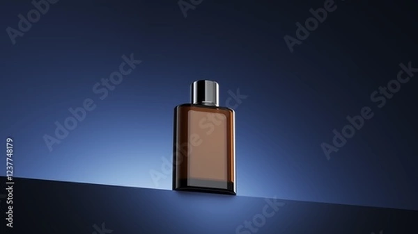Obraz Closeup Perfume bottle isolate on blue scene lighting studio display background. Cosmetic Product idea concept. 3D rendering.
