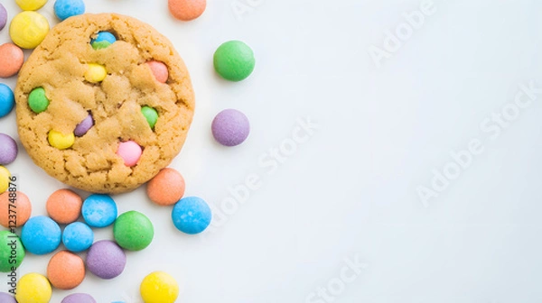 Fototapeta Close-up of brightly colored processed foods arranged neatly on a clean surface, showcasing vibrant textures and appealing presentation for culinary photography.
