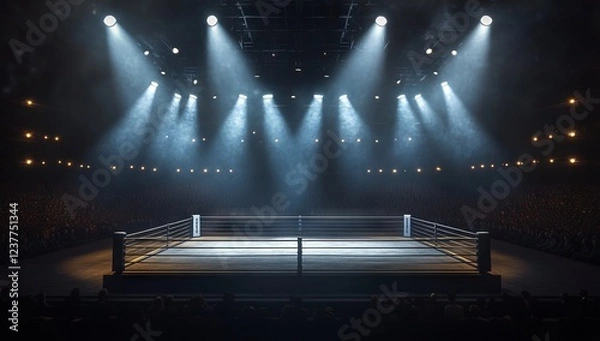 Fototapeta Dramatic Boxing Ring with Spotlights and Audience in Background - AI generated illustration