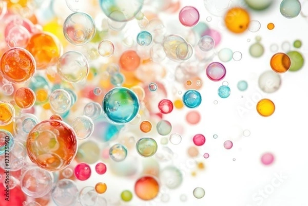 Fototapeta A display of colorful soap bubbles against a stark white backdrop.