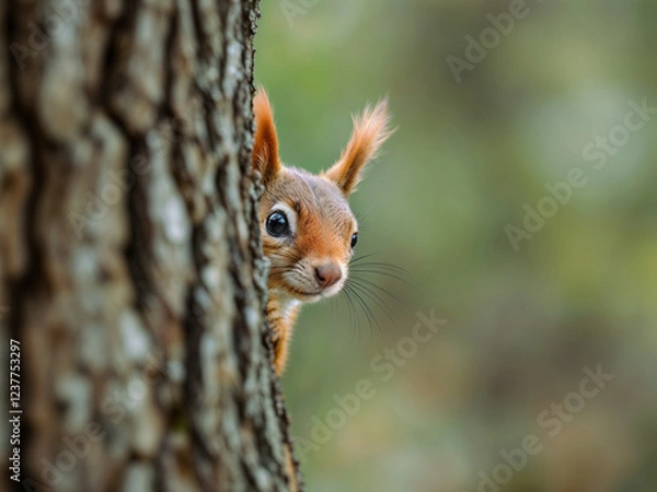 Obraz Squirrel peeks from tree trunk observing nature curiously with a blurry background