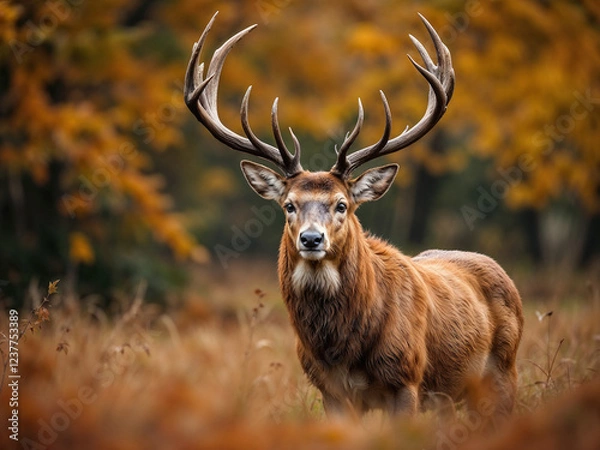 Obraz Stag stands alert in a forest during autumn season with orange leaves