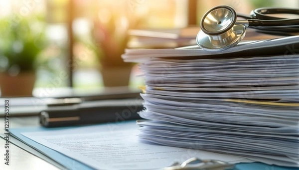 Fototapeta Stethoscope on Medical File with Business Documents - AI generated illustration