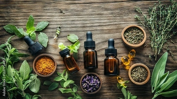 Obraz Traditional Medicine with Herbs and Essential Oil Bottles on Wooden Table - AI generated illustration