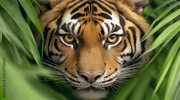 Fototapeta Striking Close-Up of Tiger Emerging from Lush Greenery