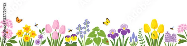 Obraz Vector seamless border of colorful spring garden flowers with insect pollinators on white background.