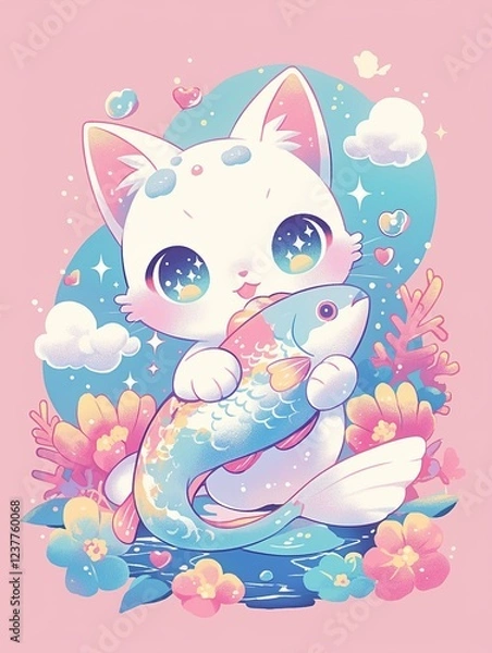 Obraz Cute Kitten Holding Koi Fish Pastel Illustration