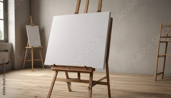 Fototapeta Painting easel with empty canvas ready for artwork, imagination, creativity, art supplies, waiting, artist's corner