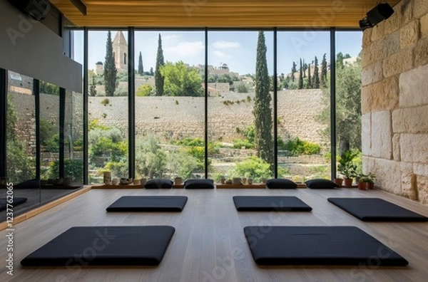 Fototapeta The yoga studio is located on the upper floor of an old house, with large windows overlooking ancient Jerusalem and green hills outside. 