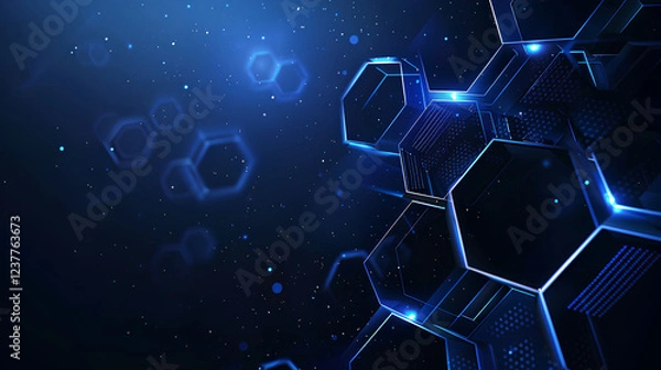 Obraz Blue technological background with hexagons and glowing lines, dark blue background, futuristic design, create an atmosphere of technological innovation.