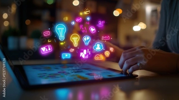 Fototapeta A person interacting with a tablet displaying colorful digital icons representing ideas and data.