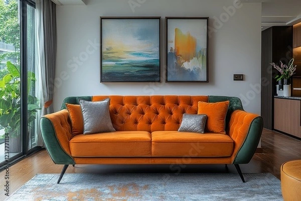 Fototapeta Luxurious emerald green double sofa with high backrest, wings, black legs, diamond-shaped buttons in modern art decor living room, soft side lighting.