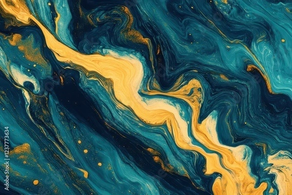 Fototapeta Abstract swirling blue and yellow paint texture creating a dynamic visual effect