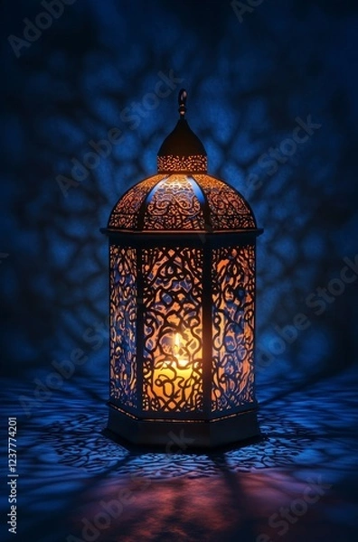 Fototapeta A single lantern with intricate patterns glows softly against the dark background, symbolizing Ramadan and spiritual enlightenment.