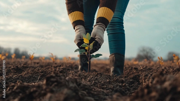 Fototapeta One person planting a young tree in a field, symbolizing reforestation efforts