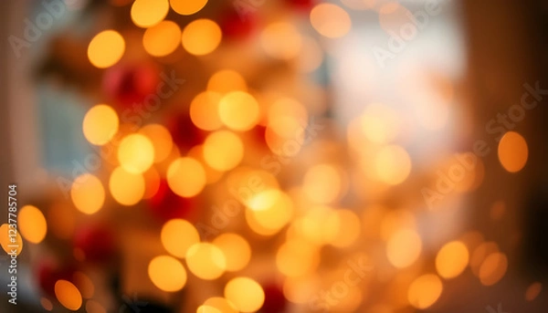 Fototapeta warm golden bokeh lights, soft focus, Christmas tree silhouette, cozy holiday atmosphere, blurred festive background, orange glow, defocused lights, magical ambiance, intimate setting, seasonal decora