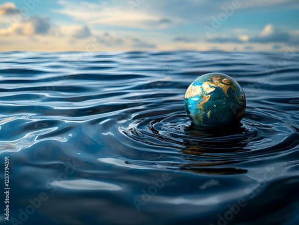 Fototapeta Planet Earth floating on ocean; climate change concept
