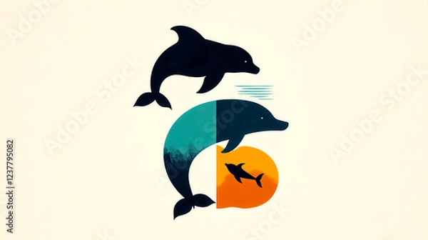 Obraz A stylized image of dolphins in water, featuring vibrant colors and dynamic shapes, capturing a sense of movement and marine life.