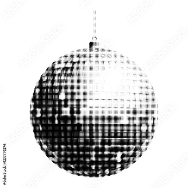 Fototapeta Black and white halftone disco ball illustration. Abstract retro party design element with pixelated dots. Vintage 70s and 80s style graphic for music, dance, and club themes.