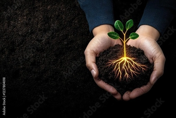 Obraz A pair of hands gently cradling rich soil with a small green plant emerging, symbolizing growth and nurturing in a dark background.