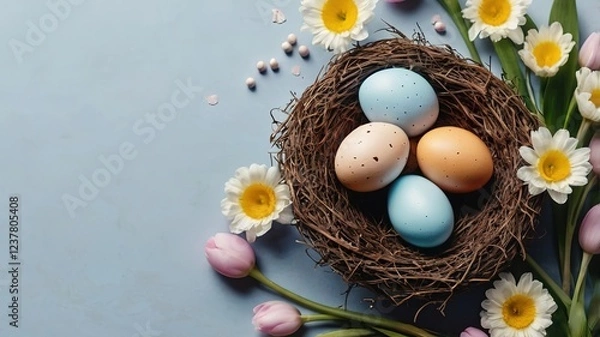 Obraz Happy Easter concept with easter eggs in nest and spring flowers.