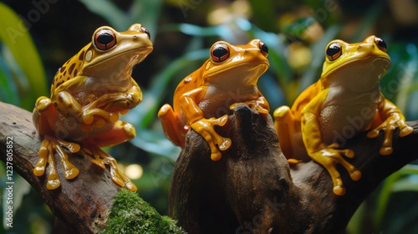 Obraz Three flying frog sitting on branch , wallace tree frog, Three Javan tree frog sitting on green leaves