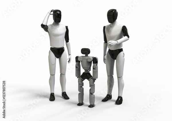 Fototapeta 3D render image representing two humanoid robots teaching mini robots