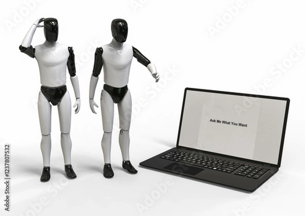Fototapeta 3D render image of robots with software apps representing chatgpt era 