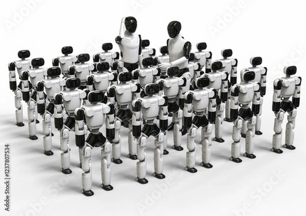 Fototapeta 3D render image representing two humanoid robots teaching mini robots