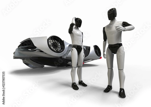 Fototapeta 3D render image representing Ai driving cars and causing a collision between them. Insurance problem with autopilot