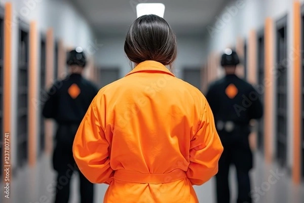 Obraz A woman in an orange jumpsuit stands facing away, with two guards in black uniforms in the background, symbolizing issues related to justice and reform.