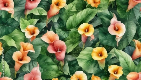 Fototapeta Stunning watercolor composition of colorful calla lilies and green leaves, flowers, painting, botanical, colorful