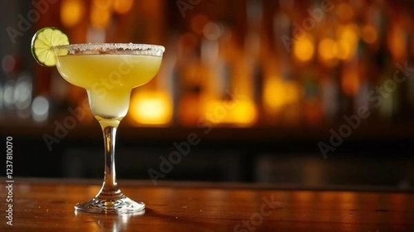 Fototapeta Vibrant cocktail served with lime on a wooden bar counter in a lively bar setting during evening hours