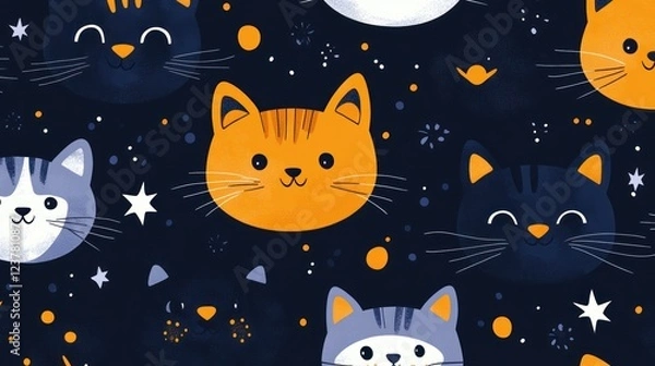 Fototapeta Cute cat faces pattern, night sky, stars, fireworks, textile print