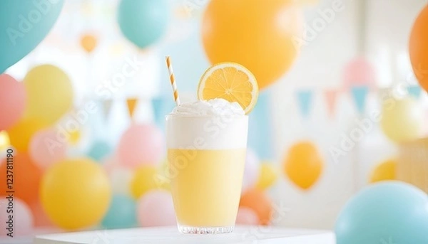 Obraz Refreshing yellow drink topped with whipped cream and a lemon slice, surrounded by colorful balloons at a festive party