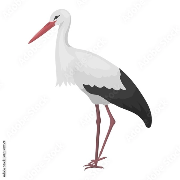 Fototapeta Stork icon in cartoon style isolated on white background. Bird symbol stock vector illustration.