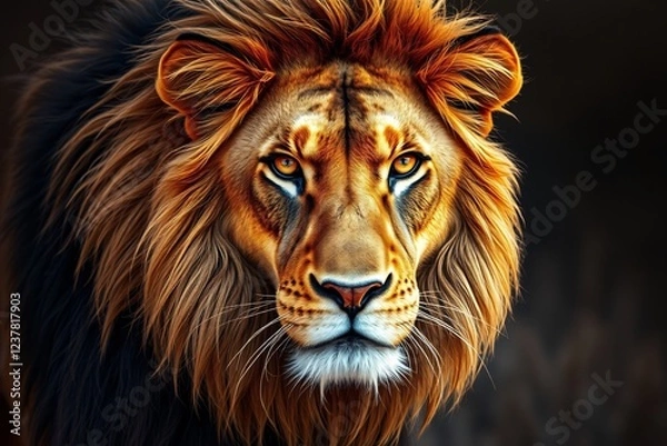Fototapeta Close-up image of a majestic lion, radiating strength and regality. Capturing the essence of the wild, this portrayal emphasizes the awe-inspiring beauty of nature's king.