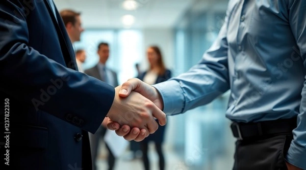 Fototapeta business meeting, handshake closeup, office hallway, blurred background, professional attire, corporate