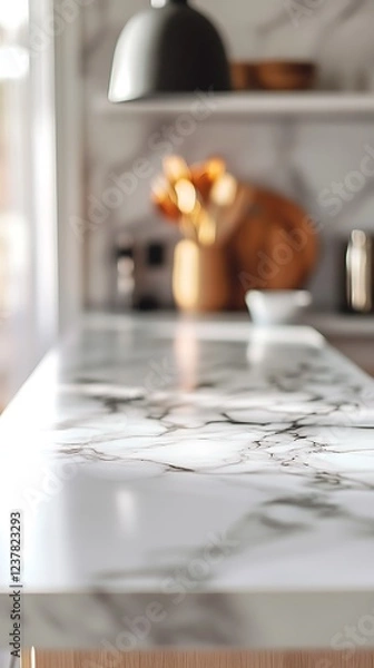 Fototapeta A marble countertop with blurred of a bright