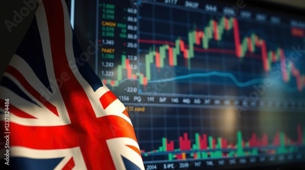 Fototapeta British flag, financial chart, stock market data, candlestick graph, digital display, economic indicators, trading screen,