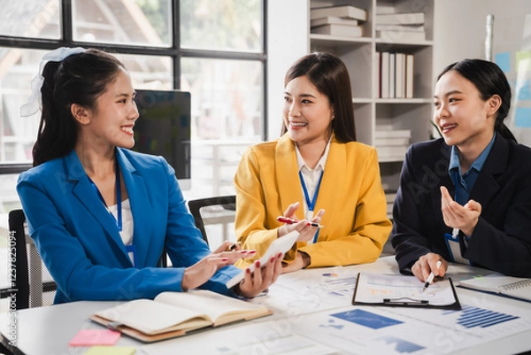 Obraz Female business leaders come together in conference room for their annual meeting, actively participating, asking questions, enriching  seminar, Asian people, only women, Proposals and comments.
