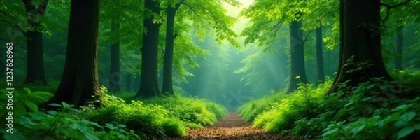 Fototapeta Lush green forest foliage with tall trees and dense undergrowth, nature,