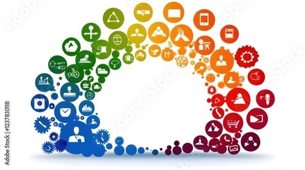 Obraz Colorful Network of Business Icons Flowing in a Circular Pattern Abstract Design