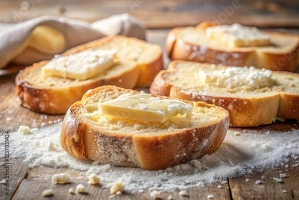 Fototapeta Golden Brown Bread Slices Topped with Melted Butter, Dusting of Flour on Rustic Wooden Surface