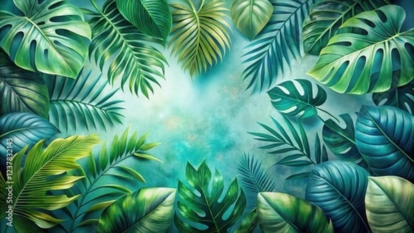 Fototapeta Lush Tropical Foliage Frame with Vibrant Green Leaves on a Teal Background, Ideal for Decorative Purposes