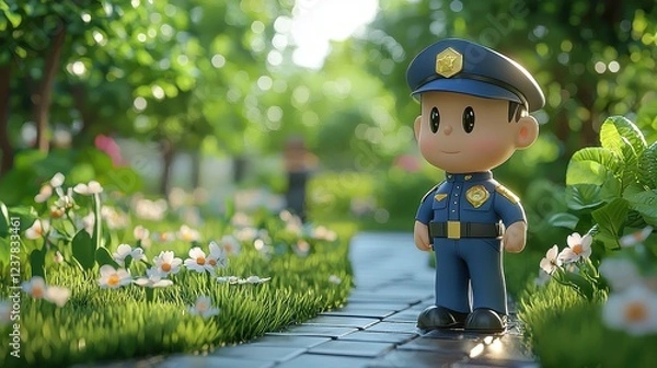 Obraz A cartoon police officer stands in a vibrant garden, surrounded by flowers and lush greenery, creating a cheerful and inviting atmosphere.