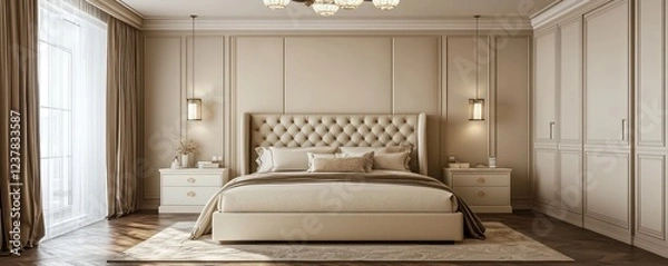 Obraz A luxuriously designed bedroom in Chinese style with a mocha and cream color scheme