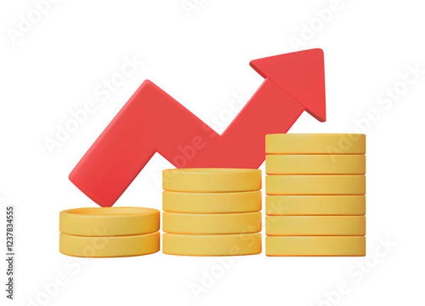 Fototapeta 3D vector rendered illustration of a pile of gold coins rising up and a minimalist red arrow symbolizing profit, increased income.  economic trends financial growth investment business